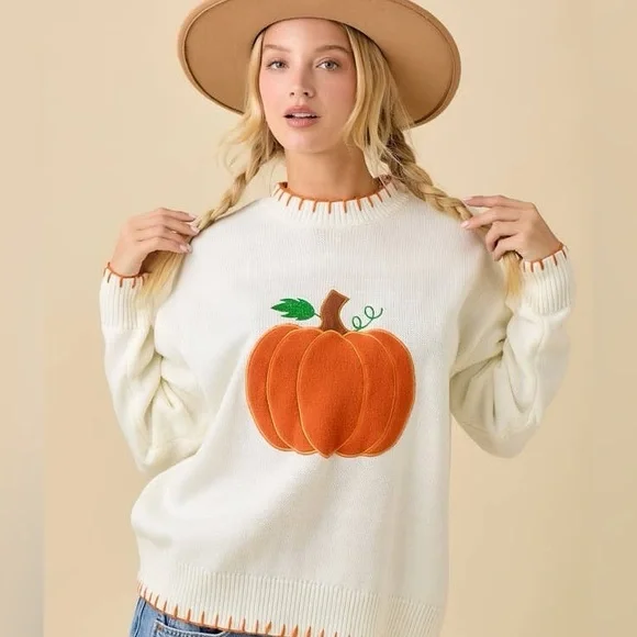 Textured Pumpkin Patch Sweater Knit Top with Stitching Detail - Main Strip - Picture 5 of 6